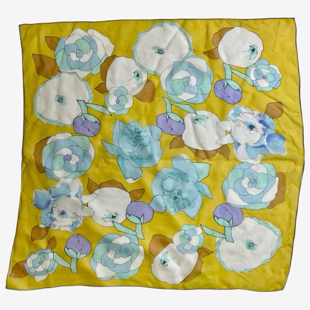 vintage yellow blue white floral scarf square poly chiffon